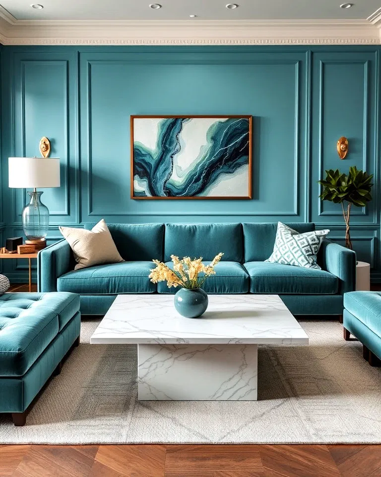 teal sofa with marble accents