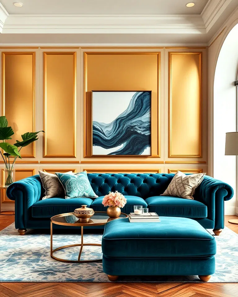 velvet teal sofa in living room