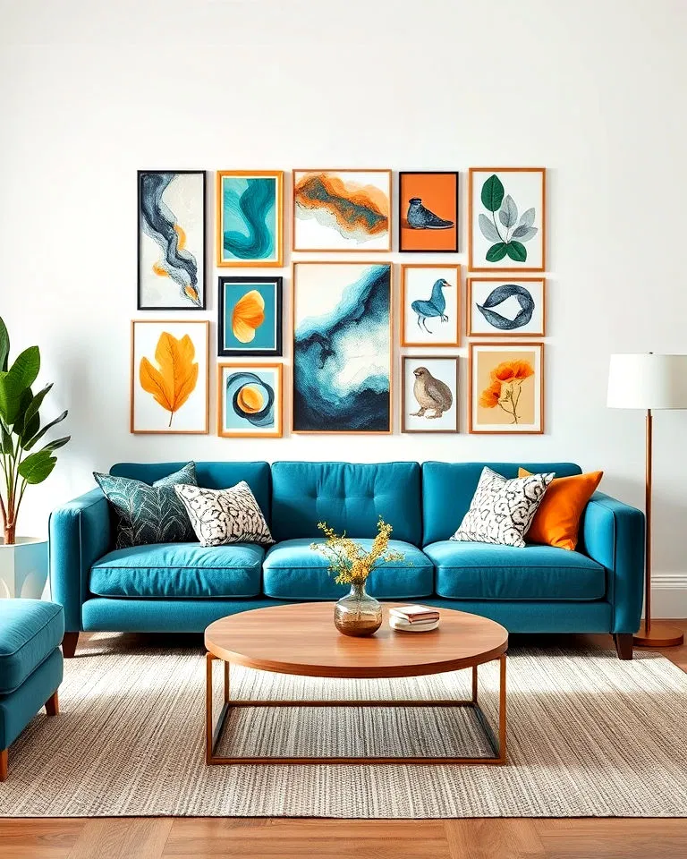 teal sofa with gallery wall