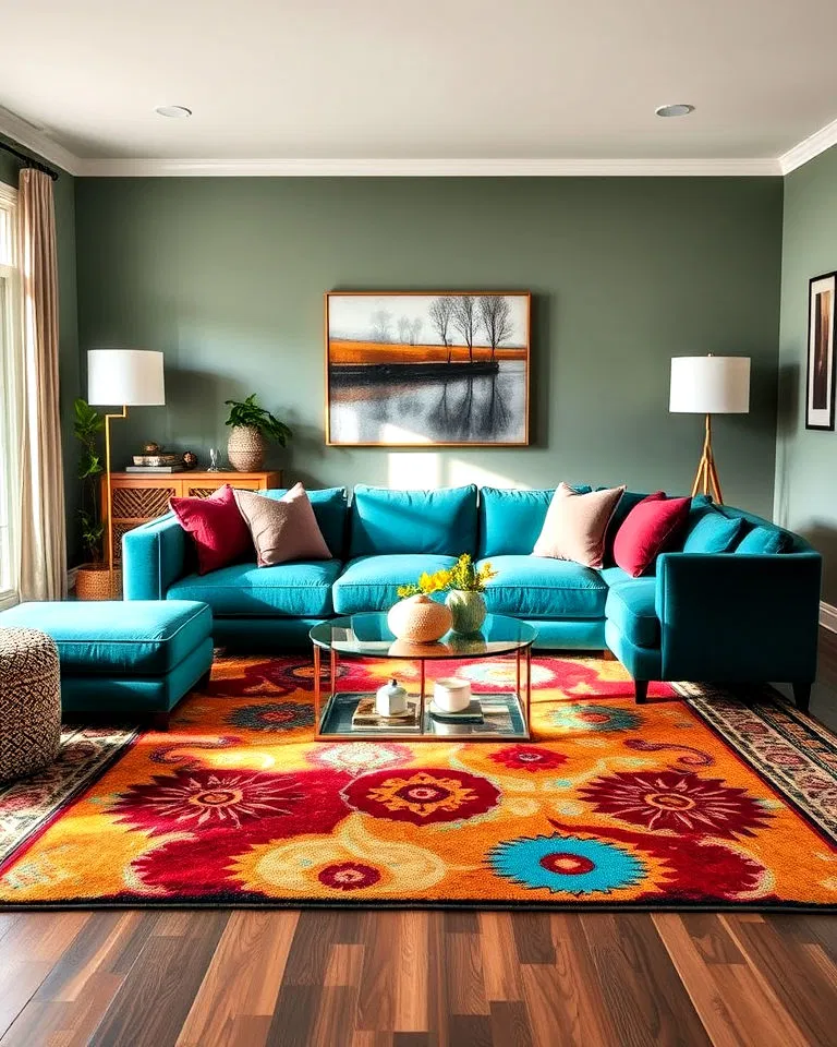 teal sofa with bold area rug