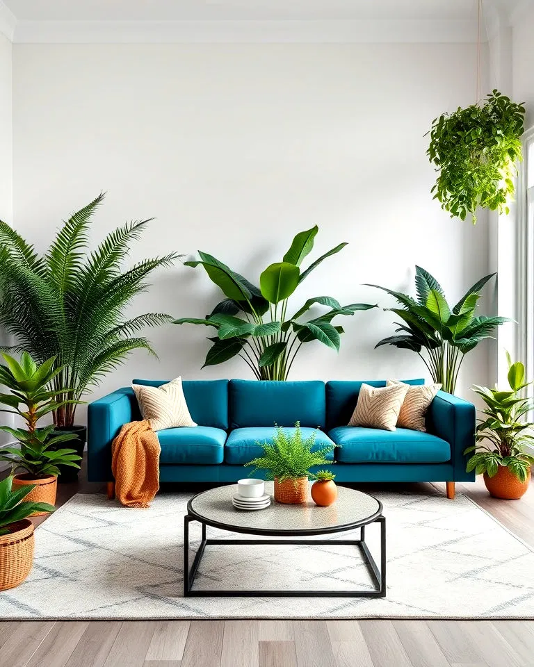 teal sofa with indoor plants