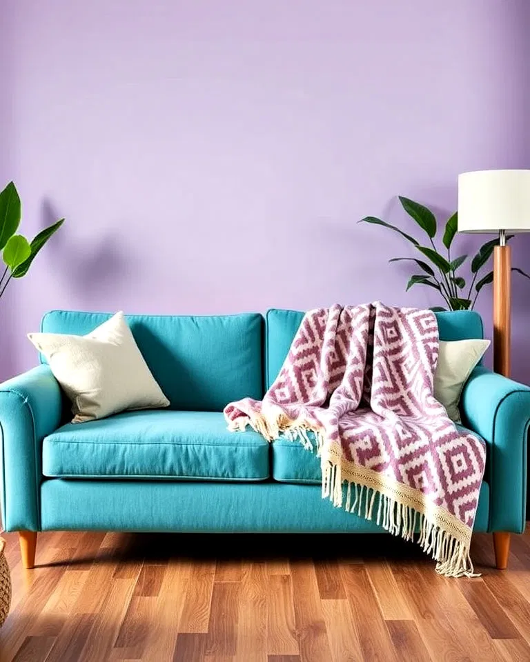 teal sofa with patterned throw blankets