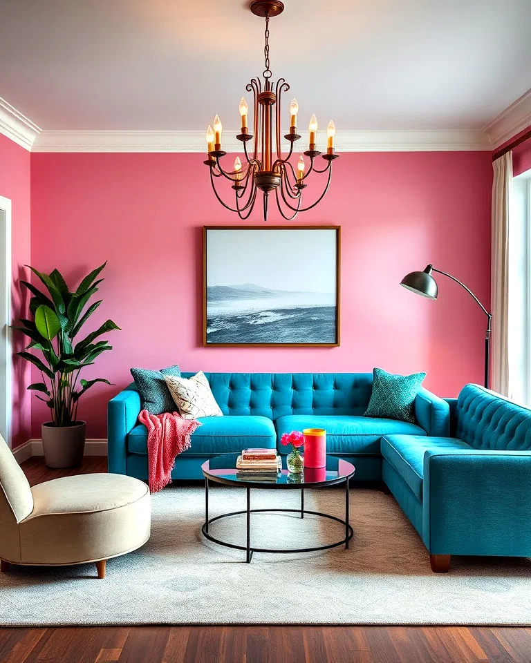 teal sofa with dramatic lighting