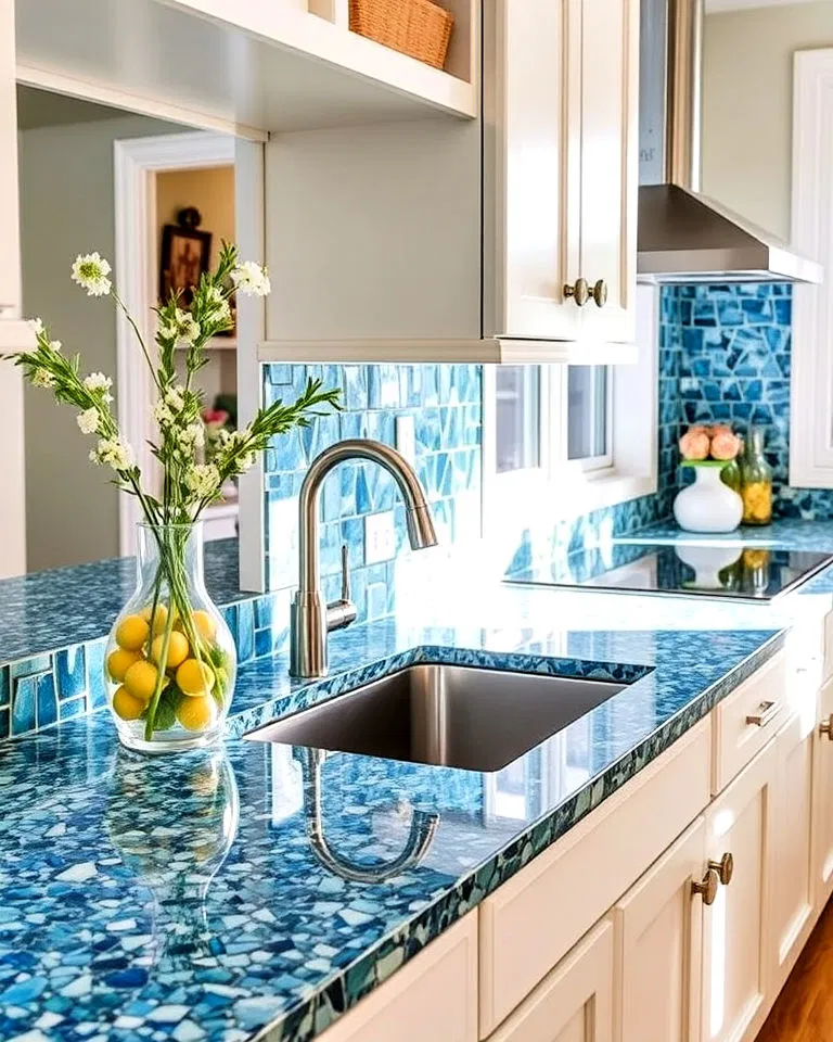 eco-friendly ocean blue recycled glass countertops