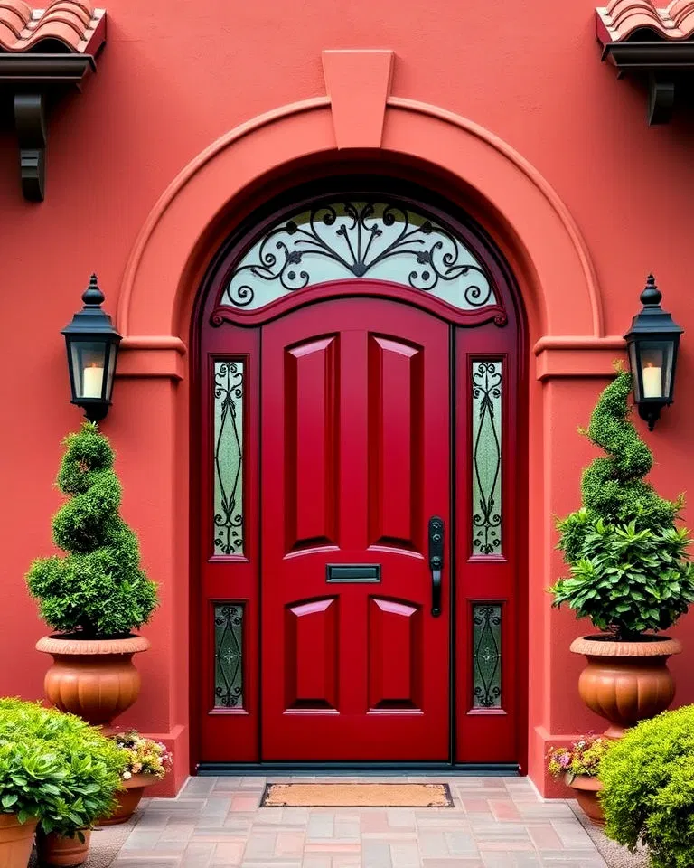Arched dark red door with classic appeal