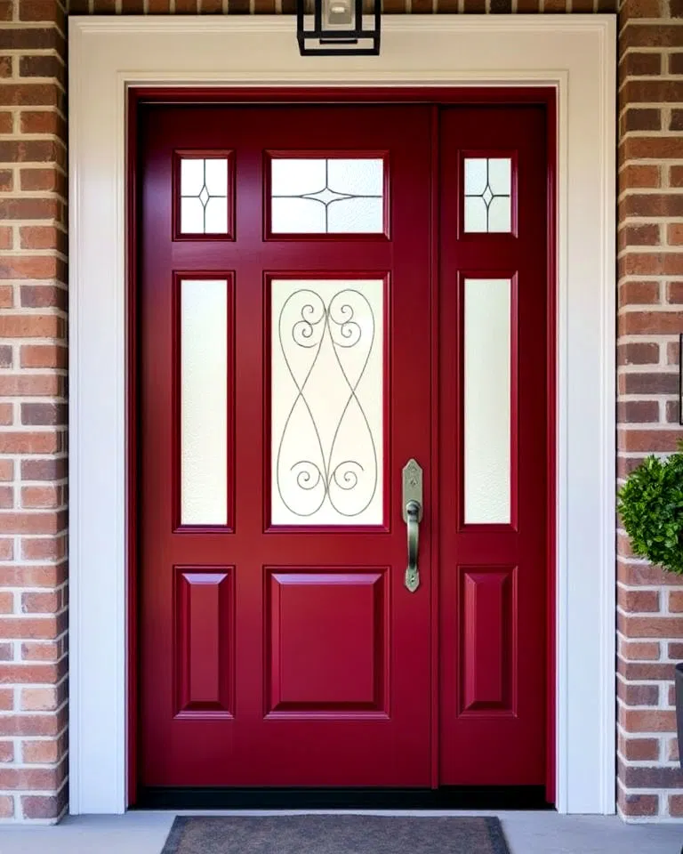 Dark red door with glass inserts