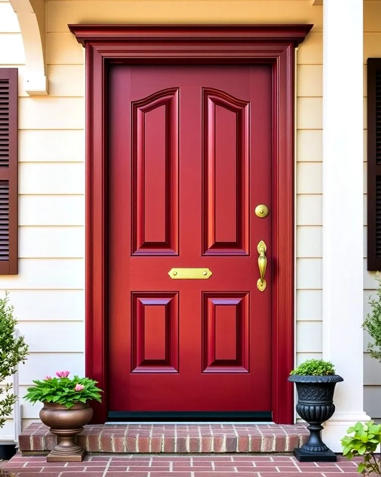 Dark red door with decorative molding