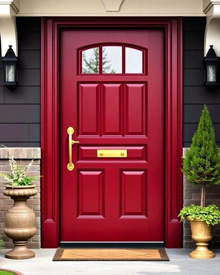 Dark red door with brass hardware