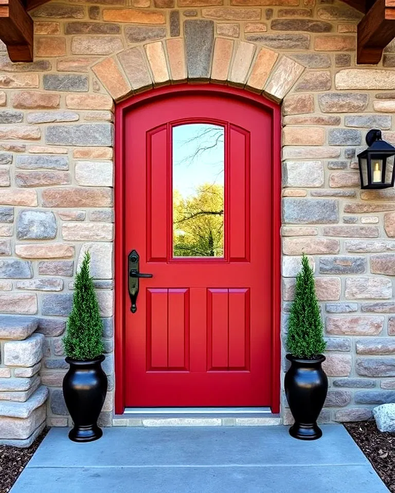 Dark red door with stone accents