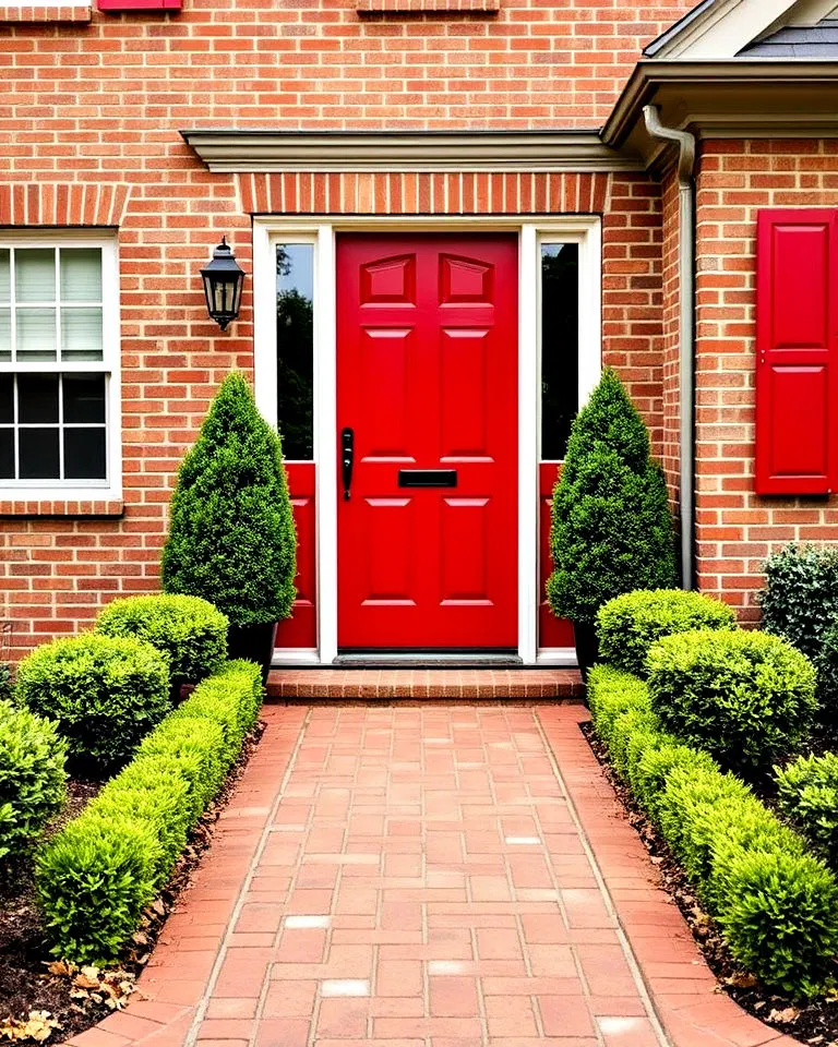 Red door with brick pathway and greenery