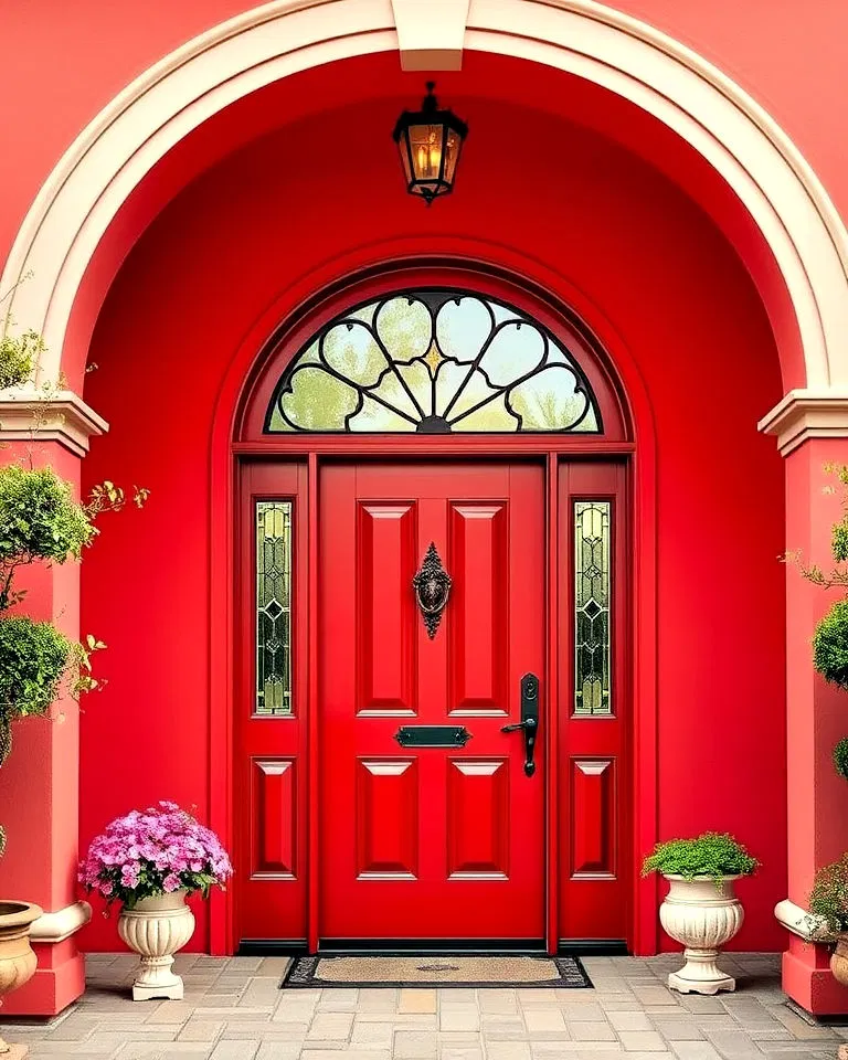 Arched red front door with vintage appeal