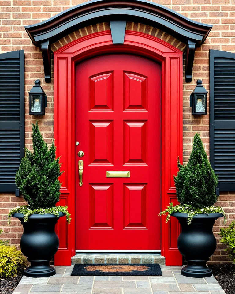 Red door with black trim for classic contrast