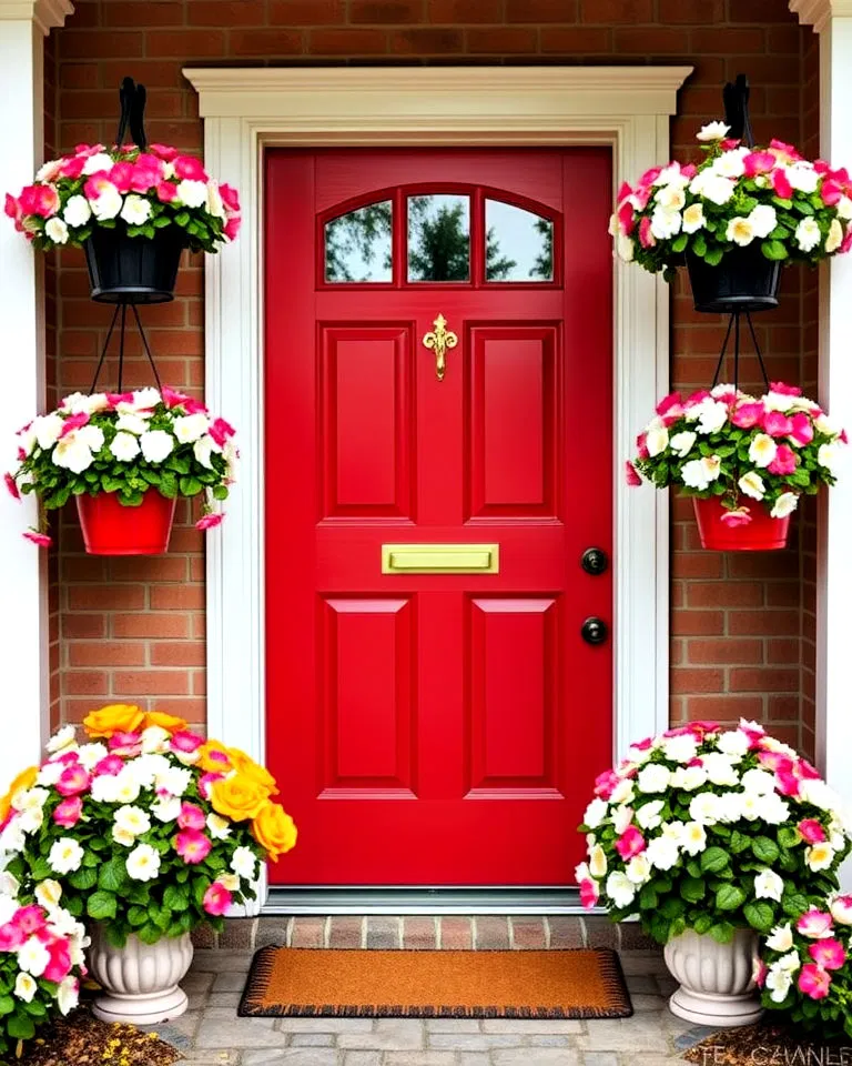 Red door surrounded by colorful floral accents