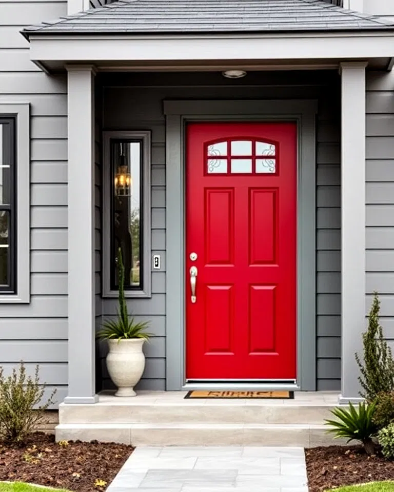 Red door contrasting with gray exterior walls