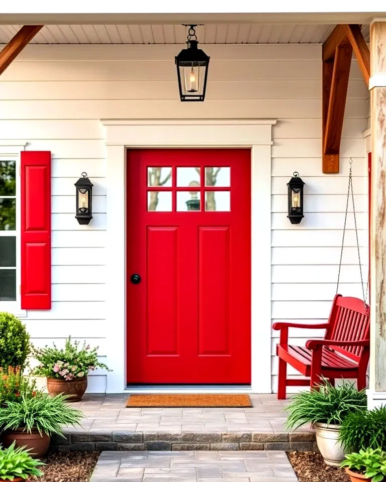 Red door on a classic farmhouse exterior