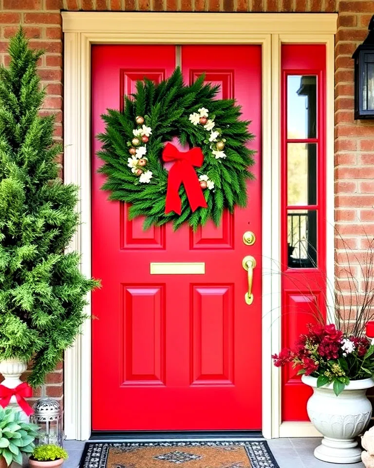 Red door decorated with festive wreath