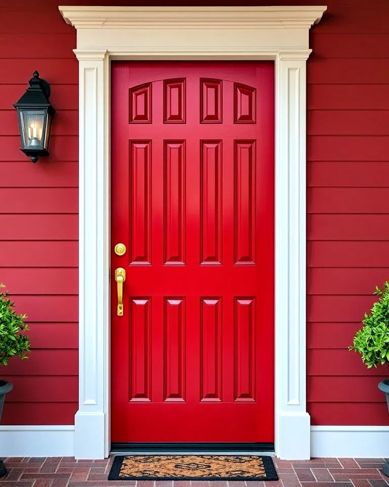 Red front door with decorative paneling