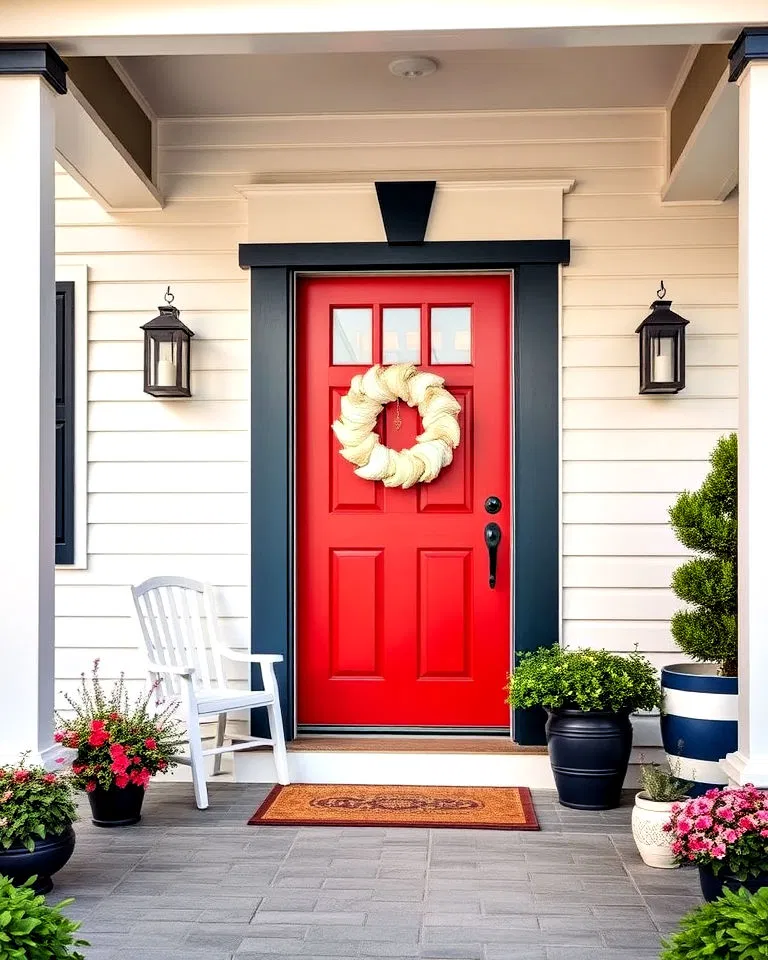 Red door with navy blue accents for nautical style