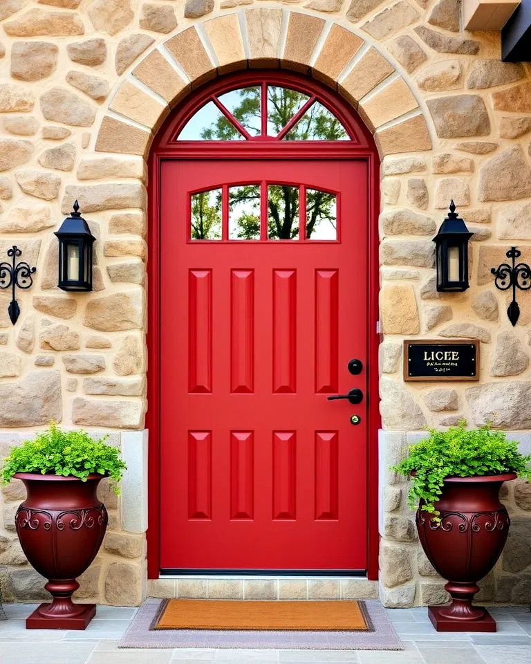 Red door complemented by natural stone facade