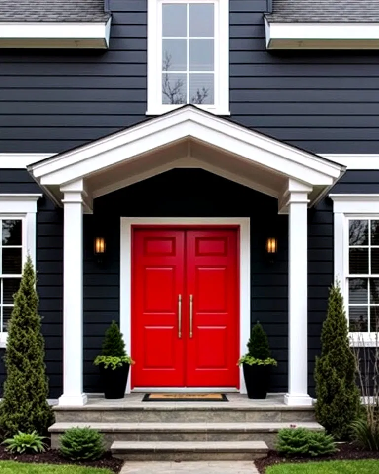 Bright red door on dark-colored siding