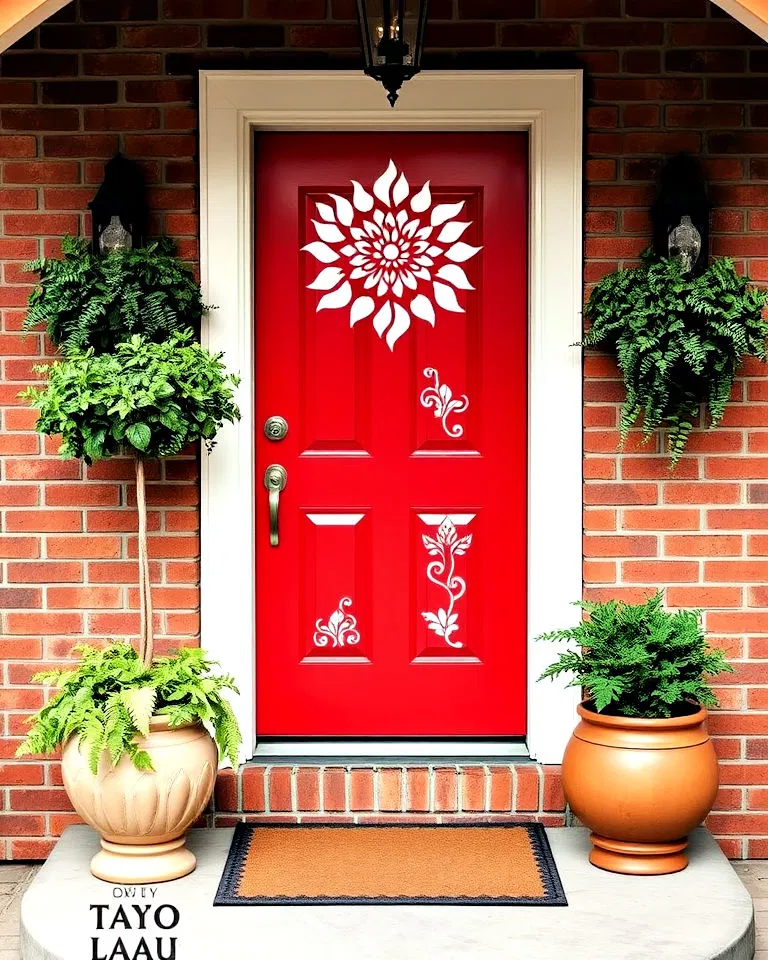 Red door featuring artistic stenciled patterns