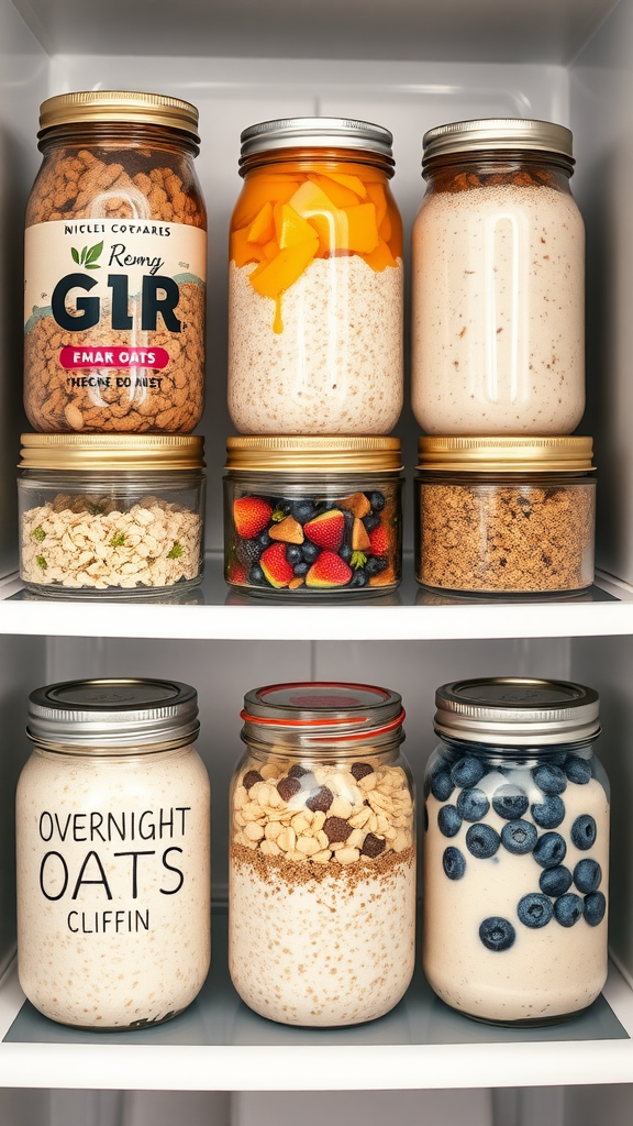 Jars of overnight oats with various toppings