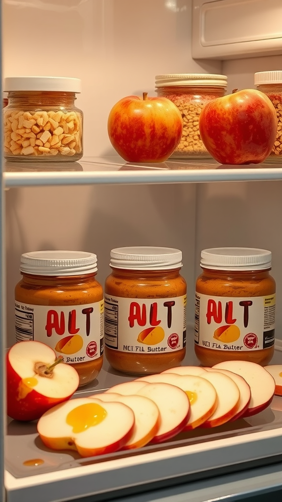 Nut butter jars with apple slices and honey