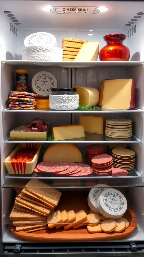 Assorted cheeses and charcuterie meats in fridge