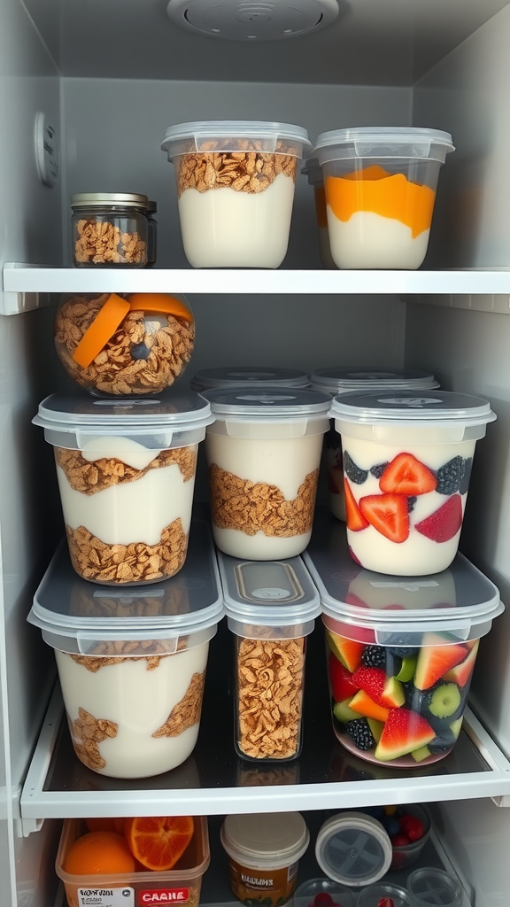 Containers of yogurt, granola, and fresh fruits for parfaits