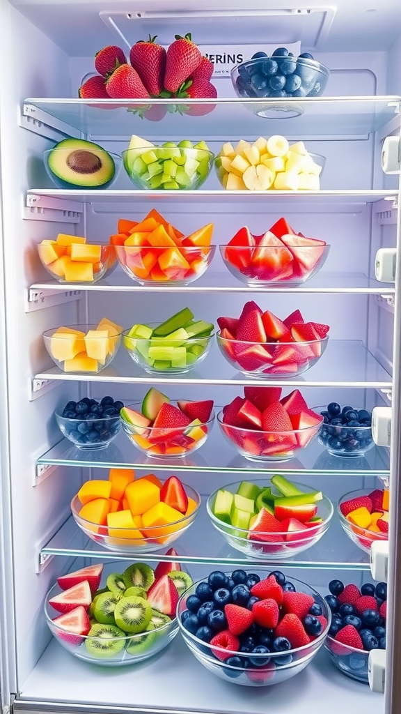 Bowls of assorted fresh fruits in fridge