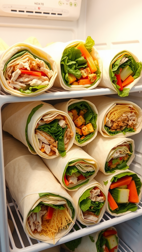Assorted savory snack wraps in fridge