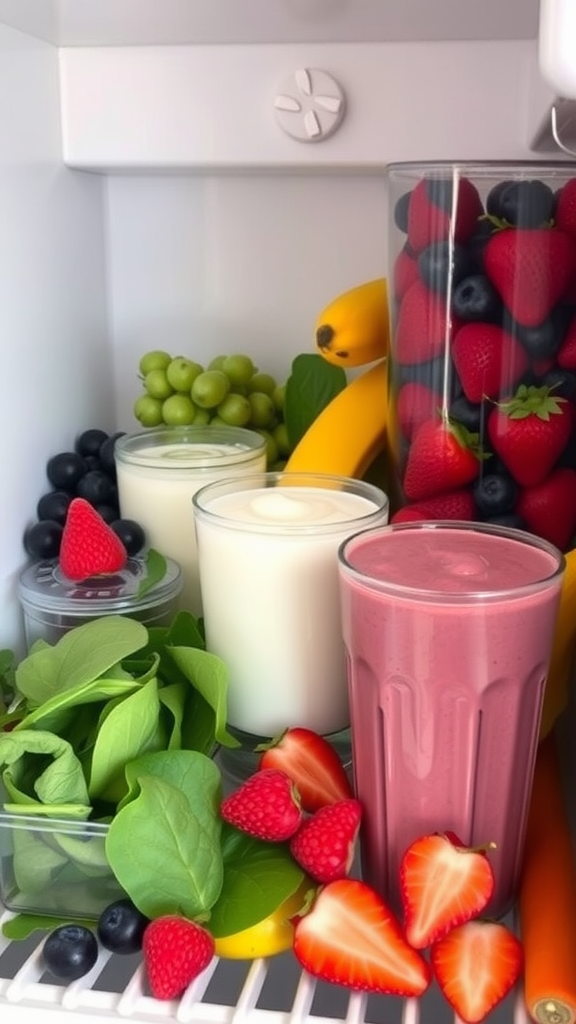 Smoothie ingredients including fruits, yogurt, and greens
