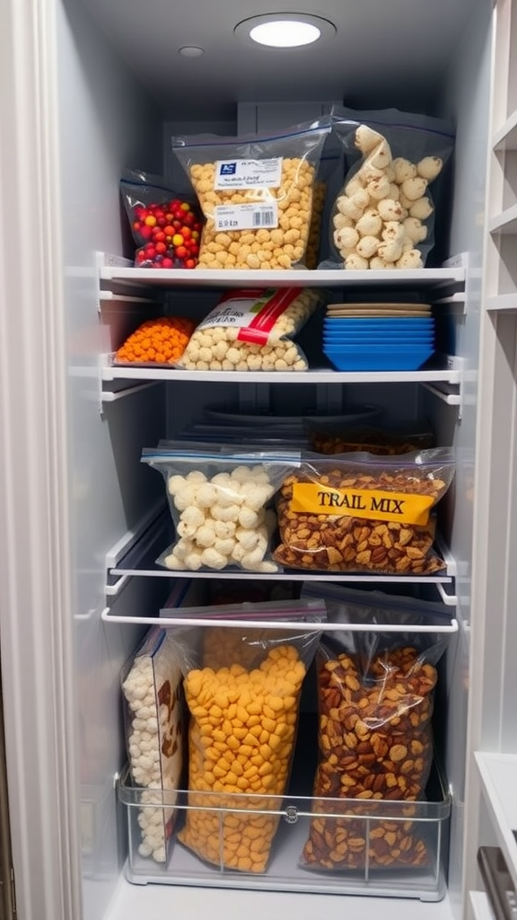 Bags of popcorn and trail mix in fridge