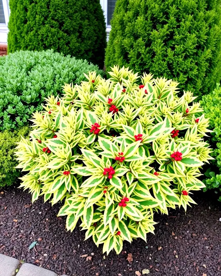 Variegated evergreens adding color