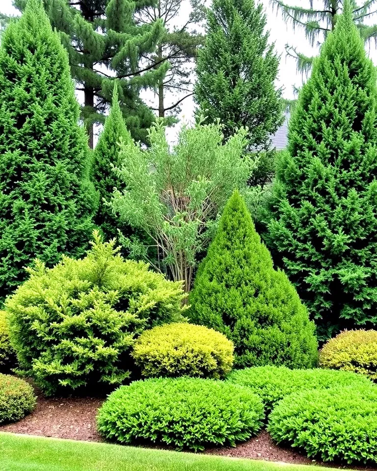 Multi-layered evergreen garden in front yard
