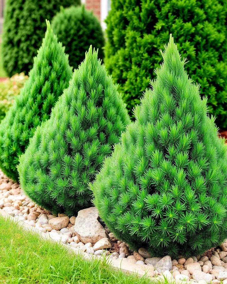 Dwarf mugo pines near stonework