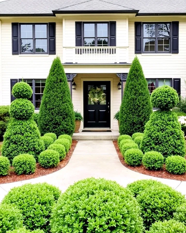 Topiary evergreens framing entryways