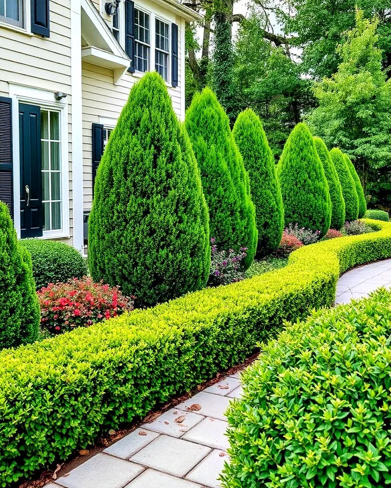 Evergreen hedges highlighting pathways