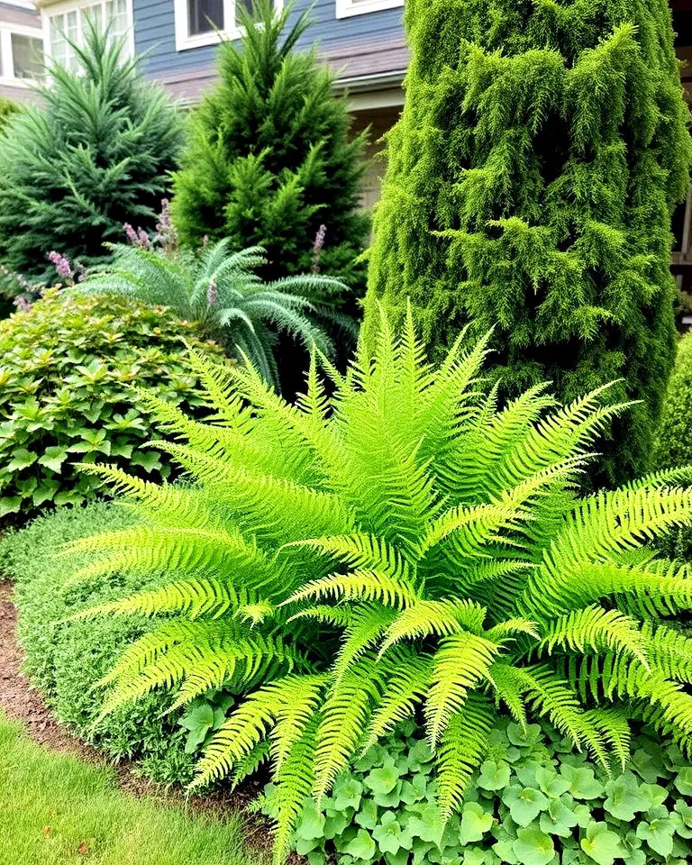 Evergreen ferns layering garden spaces