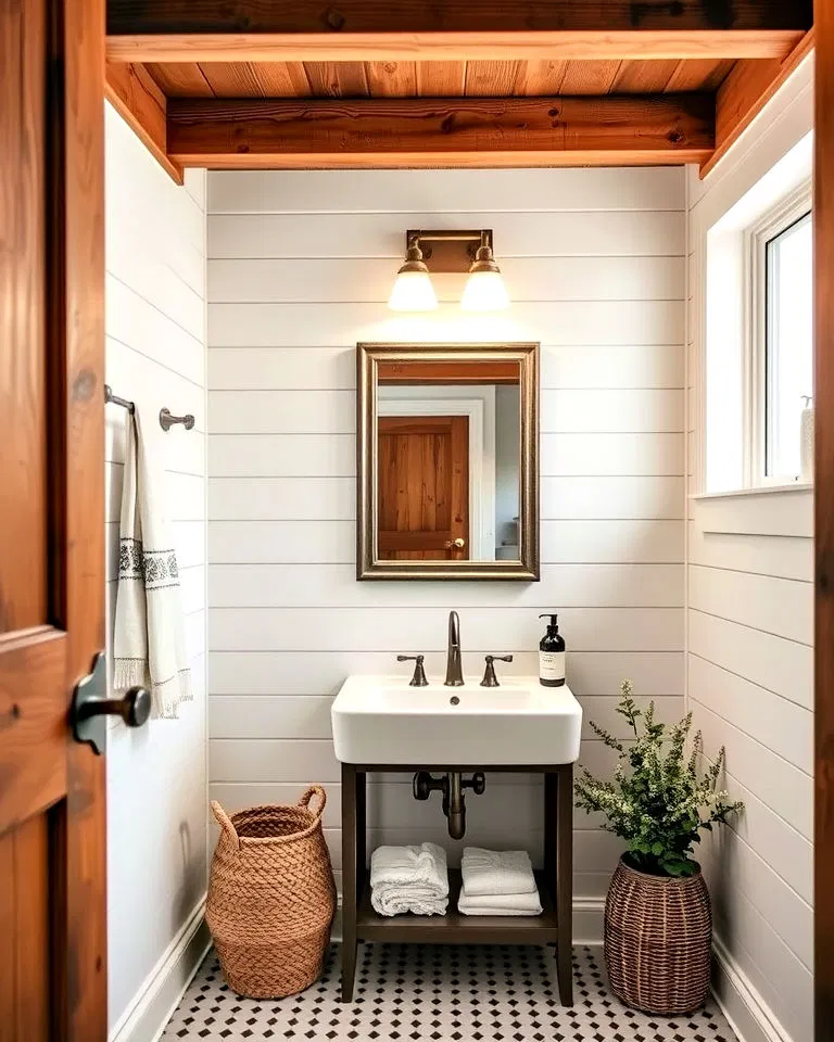 rustic bathroom with exposed beams and shiplap walls