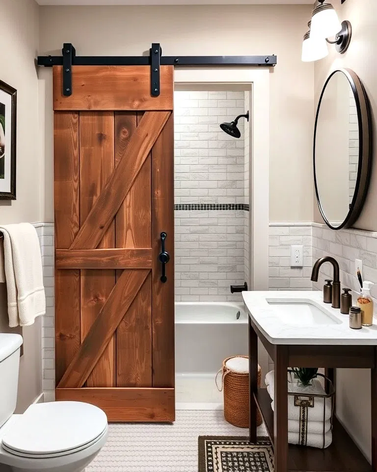 sliding barn door in rustic bathroom
