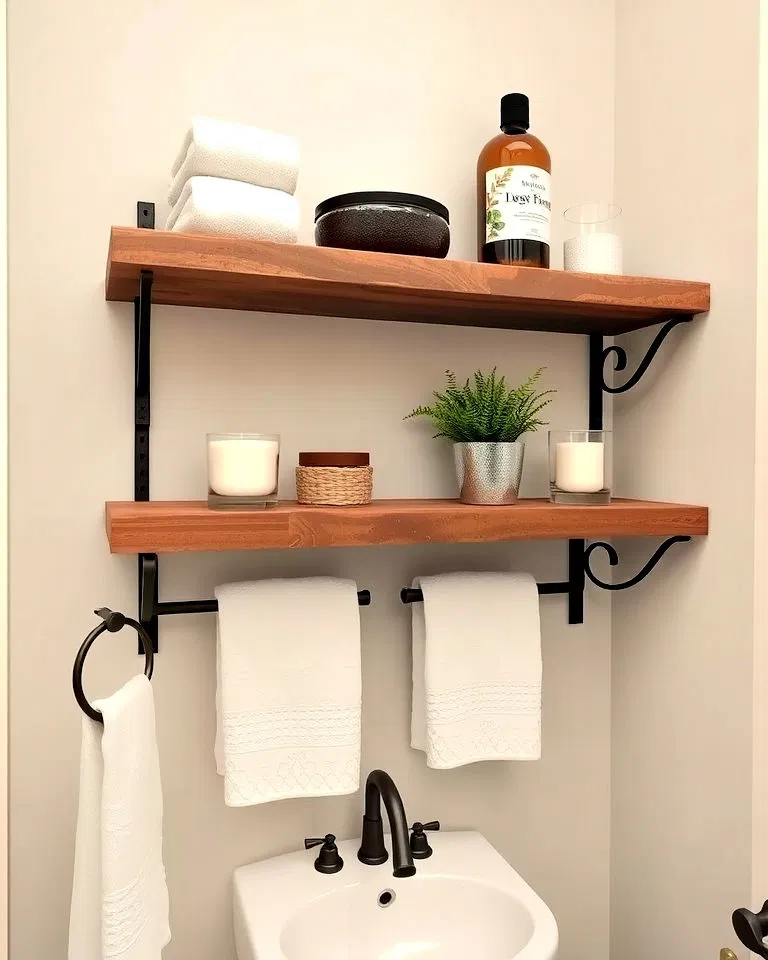 iron and wood shelving units in rustic bathroom
