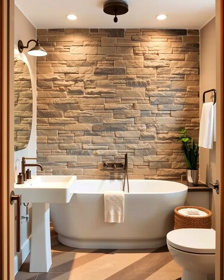 stone accent wall in rustic bathroom