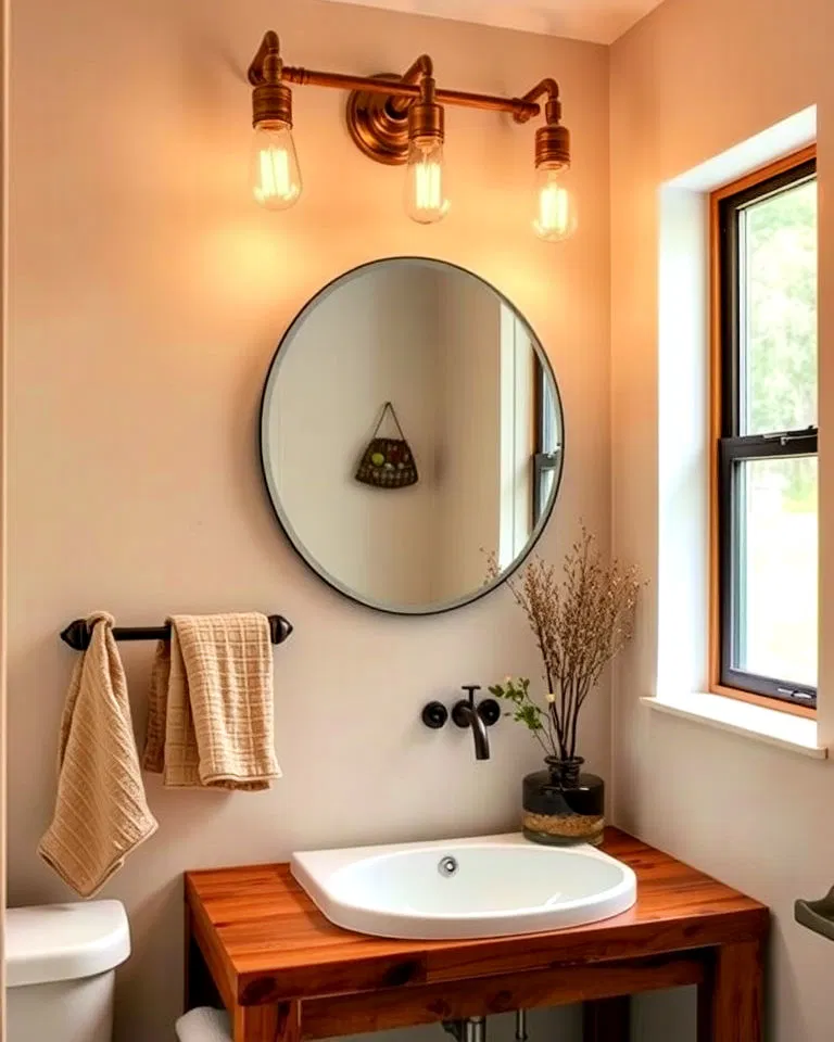 vintage style lighting fixtures in rustic bathroom