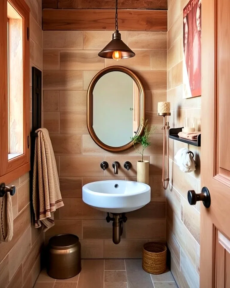 copper fixtures in rustic bathroom