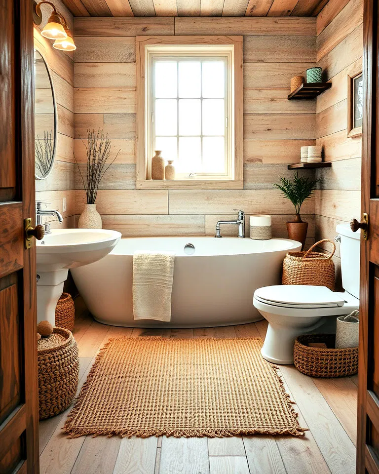 natural fiber rug in rustic bathroom