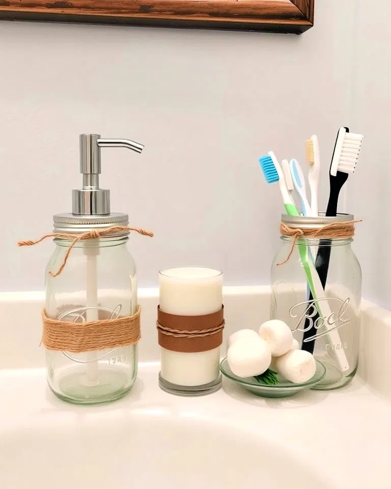 mason jar accessories in rustic bathroom
