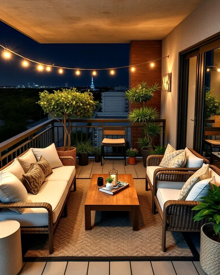 Spacious balcony with cozy outdoor lounge