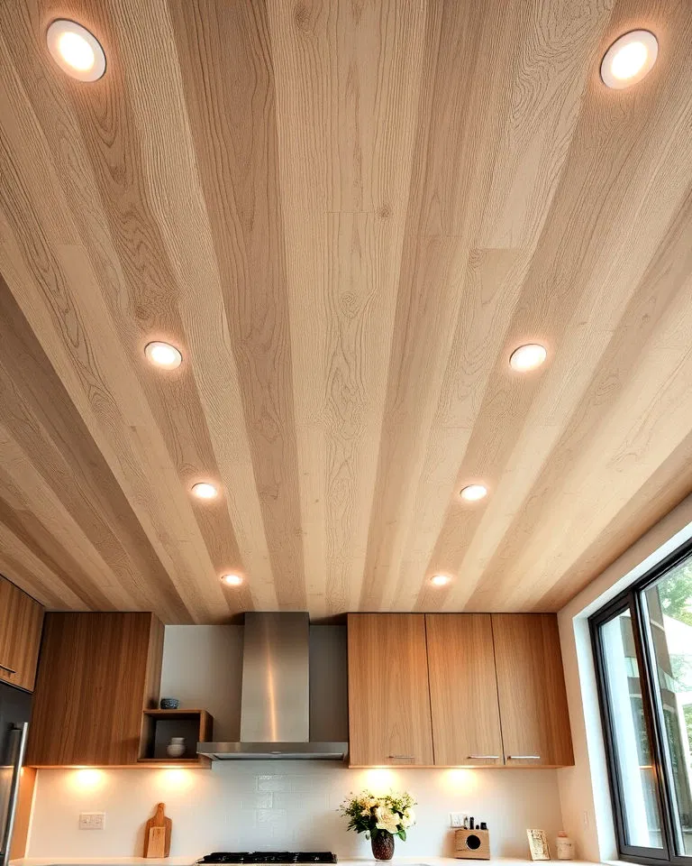 plywood ceiling with recessed lighting