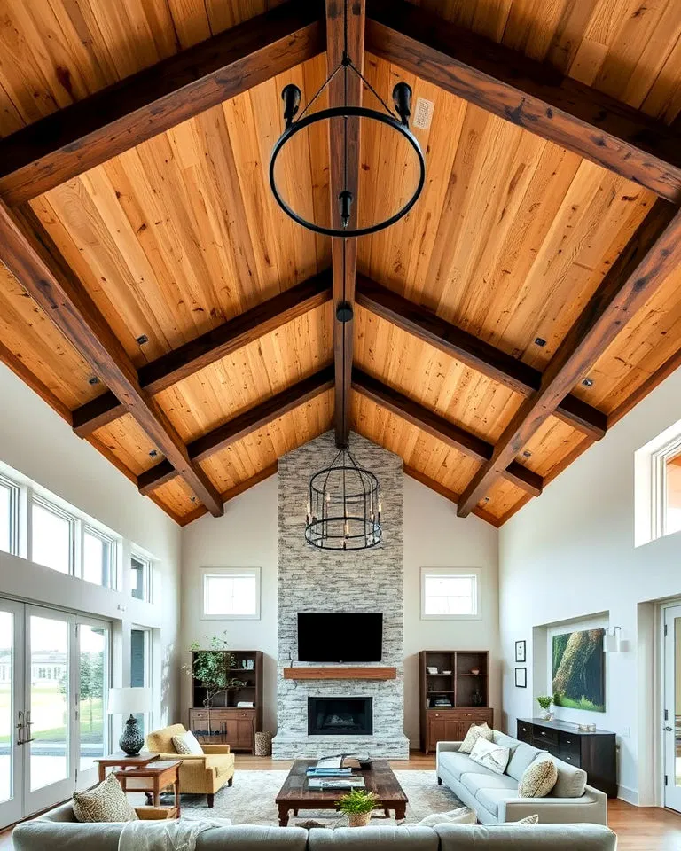 rustic plywood ceiling with exposed wooden beams